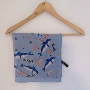 100% Silk Scarf Ocean Life Dolphin Coral Waves Shells Blue White Orange 20x20”